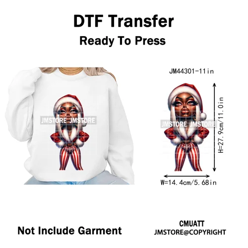 Sassy Black Girl Santa Christmas Bright Gingerbread Iron on Washable DTF Heat Transfers Stickers Ready to Press for Sweatshirts
