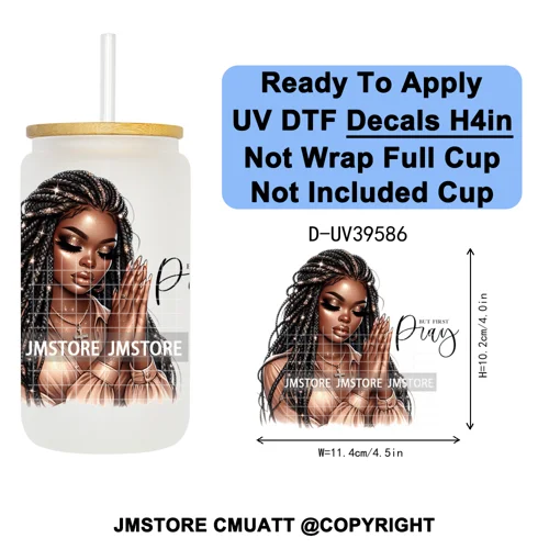 Fashion Girl Praying Black Women UV DTF Decals Ready To Apply Waterproof Transfer Stickers DIY Crafts For 16OZ Libbey Glass Can