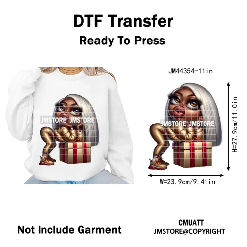 Cool African Melanin Girls Christmas Season Holiday Moody Iron on Washable DTF Heat Transfer Stickers Ready to Press for Hoodies