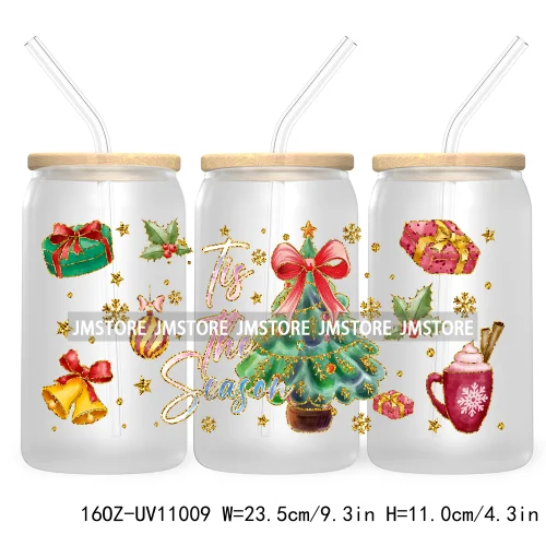 Coquette Glitter Holly Jolly Christmas Tree UV DTF Cup Wrap For Libbey Glass Can Transfer Stickers Waterproof Custom Labels Gift