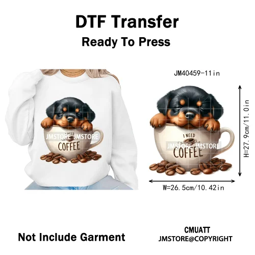Funny Cartoon Pet Puppy Small Sleeping Cozy Coffee Dogs Lover Iron on DTF Washable Transfers Sticker Ready to Press for Clothing
