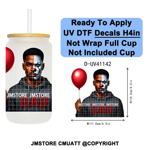 Black Horror Dad Halloween Spooky Daddy UV DTF Decals Ready To Apply Waterproof Transfer Stickers For 16OZ Libbey Glass Can Cups