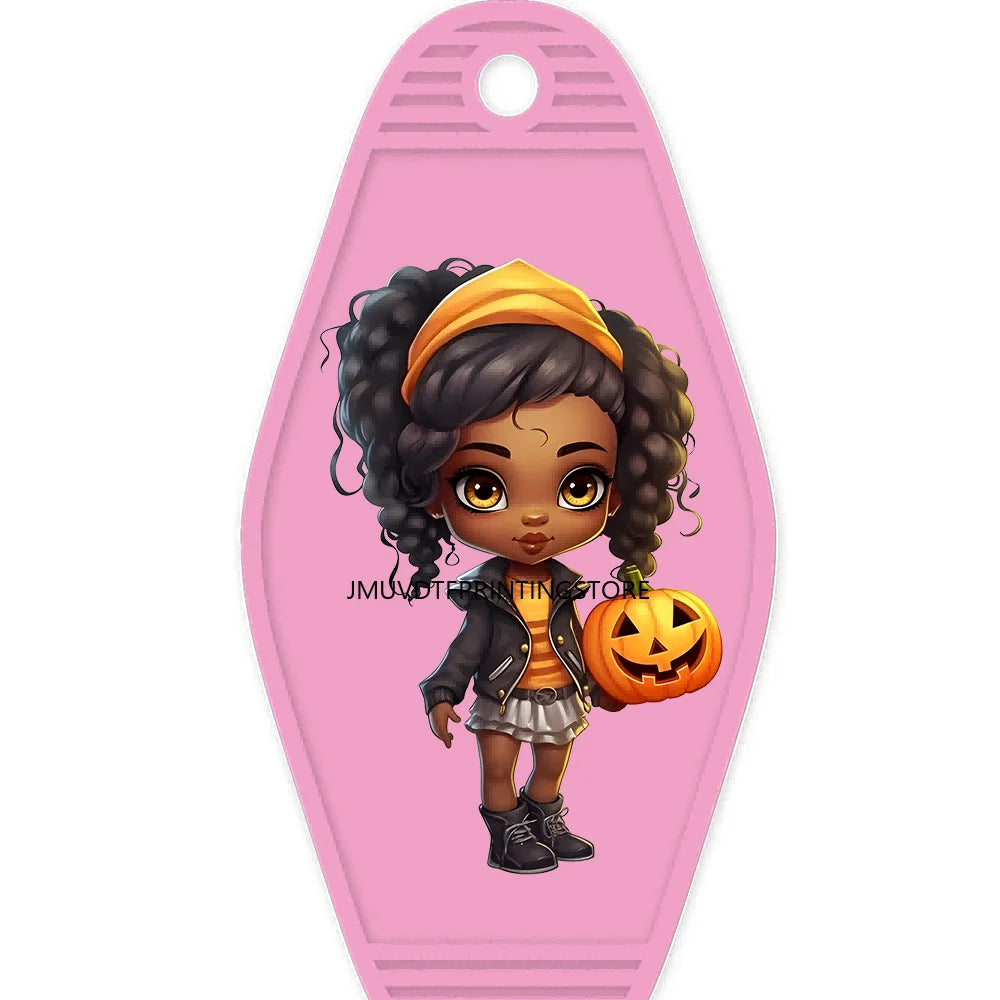 Halloween Pumpkin Cute Afro Girls High Quality WaterProof UV DTF Sticker For Motel Hotel Keychain Festival Gifts