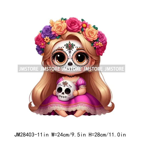 Washable Day Of The Dead La Catrina Dolls Designs Cartoon Princess Hispanic Girly Iron On DTF Transfers Stickers For Hoodies