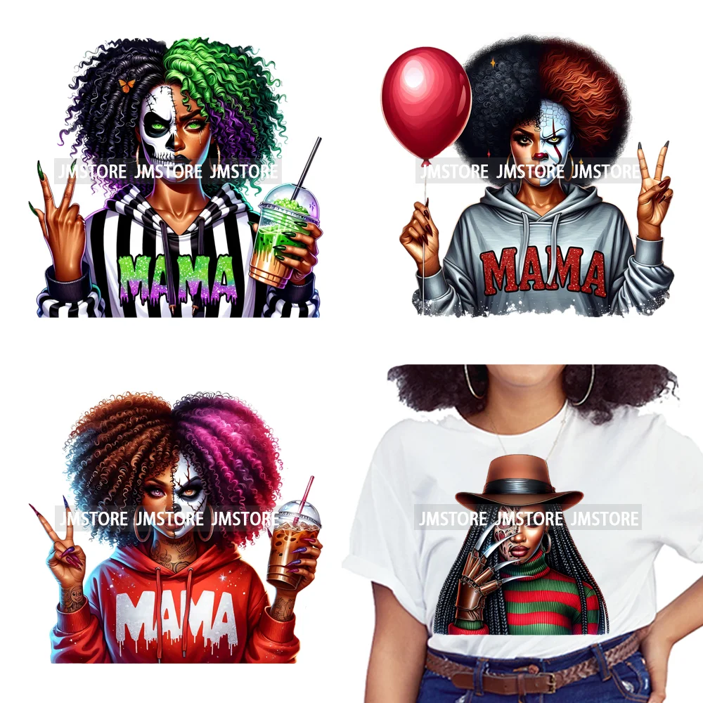 Horror Afro Mama Coffee Lover Scary Girly Killer Halloween Movie Iron on DTF Transfers Stickers Ready to Press for Textile Bags