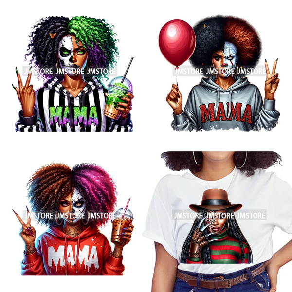 Horror Afro Mama Coffee Lover Scary Girly Killer Halloween Movie Iron on DTF Transfers Stickers Ready to Press for Textile Bags