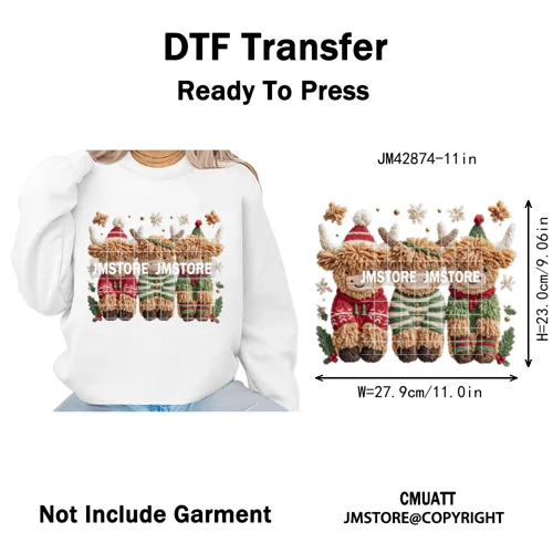 Faux Latch Hook Yarn Crochet Christmas Highland Cow Santa Iron on DTF Washable Transfer Stickers Ready to Press for Garment Bags