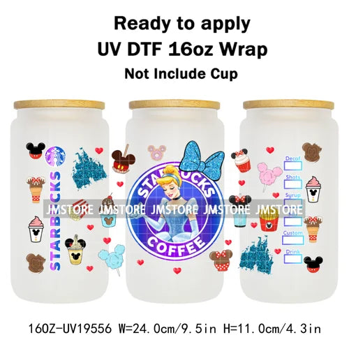 Faux Glitter Coffee Cartoon Princess Girly 16OZ UV DTF Cup Wraps Ready To Apply Waterproof Transfer Sticker For Libbey Glass Can