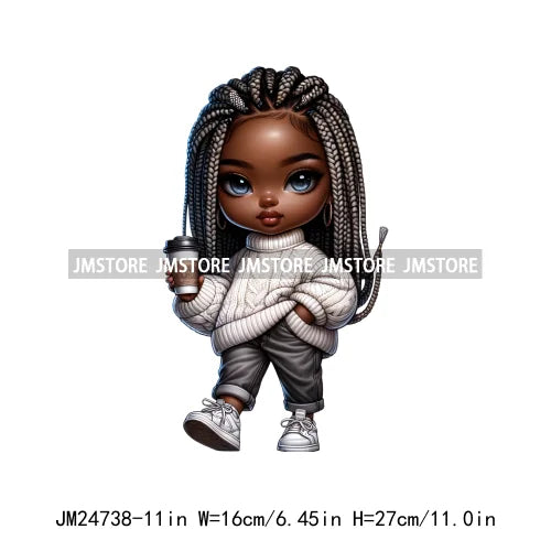 Dreadlocks Coffee Chibi Black Girls Pink Fashion African American Denim Girl Iron On DTF Heat Press Transfer Stickers For Shirts