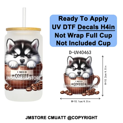 Puppy Coffee Dog Cartoon Pet Lover UV DTF Decals Ready To Apply Waterproof Transfer Stickers For 16OZ Libbey Glass Can Tumbler