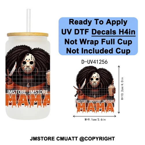 Black Girl Horror Characters Halloween Coffee UV DTF Transfer Sticker Decals Ready To Apply Waterproof For 16OZ Libbey Glass Can