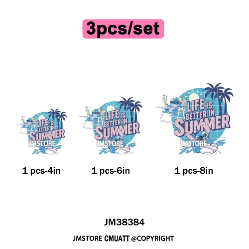 Retro Cartoon Happy Summer Vacation Vibes Coquette Seashells Iron on DTF Heat Transfer Stickers Ready to Press for Clothes Bags