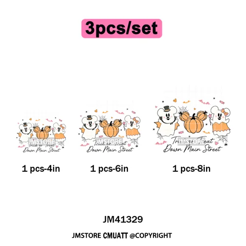 Trick or Treat Down Main Stree Cartoon Coquette Ghost Boo Halloween Iron on DTF Transfers Stickers Ready to Press for T-shirts