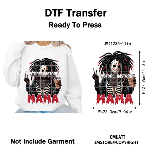 Black Girls Coffee Drinking Halloween Scary Movie Killer Mama Iron on Washable DTF Transfers Stickers Ready to Press for Clothes