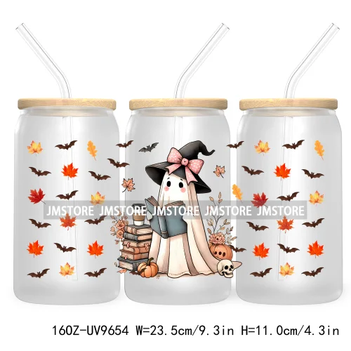 Spooky Ghost Fall Halloween Pumpkin Season UV DTF Sticker For 16OZ Libbey Glass Cup Can Autumn Leaves Wrap Transfer Stickers