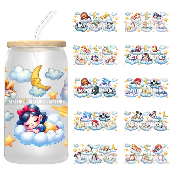 Cute Cartoon Character Sleeping On The Clouds UV DTF Stickers Ready To Apply Cup Wrap Custom Labels For 16OZ Libbey Can Glass
