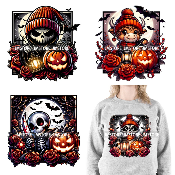 Cute Animals Skull Red Rose Pumpkin Halloween Spooky Vibes Design Logo Iron On DTF Transfer Stickers Ready To Press For Clothing