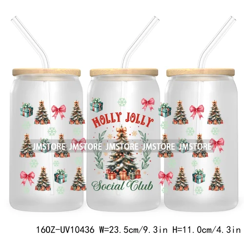 Merry Mama Social Club UV DTF Cup Wraps Transfers Sticker For 16OZ Libbey Glass Can Holiday Christmas Santa Tree Coquette Bow