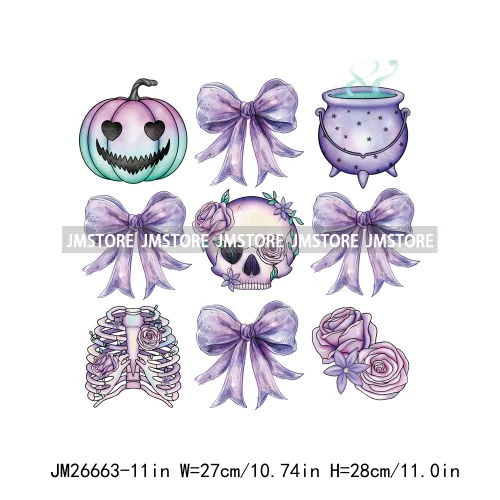 New Halloween Skeleton Ghost Coquette Bow Witch Hats Pumpkin Designs DTF Iron On Transfers Stickers Ready To Press For Hoodies