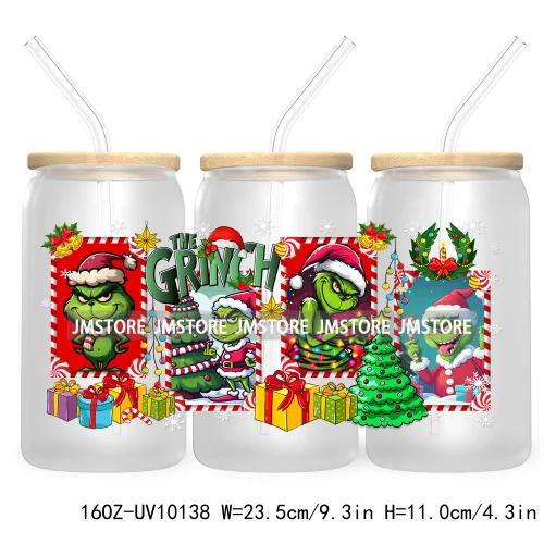 Christmas Coffee Cups Green Guy 16OZ UV Cup Wrap DTF Transfer Stickers For Libbey Glass Can Cup Tumbler Waterproof Label Cartoon