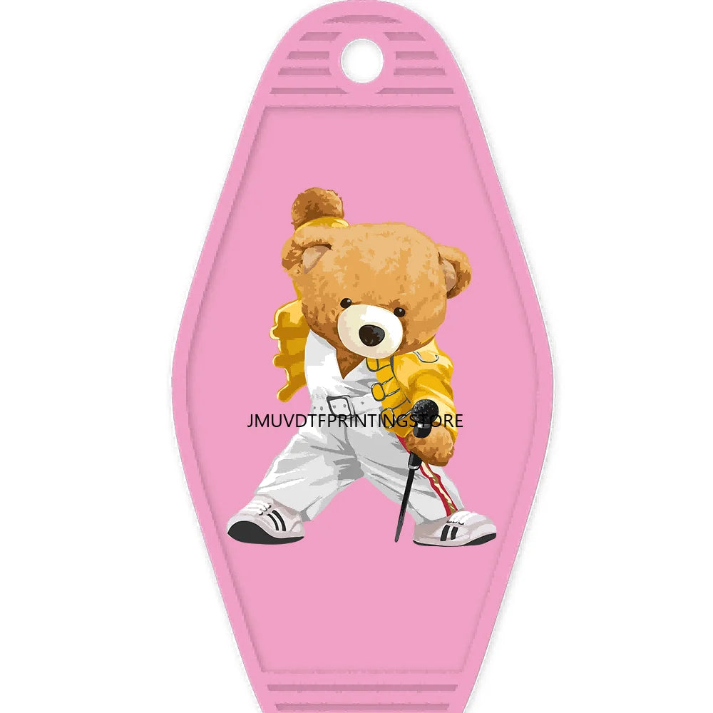 Cute Pink Teddy Bear Girl High Quality WaterProof UV DTF Sticker For Motel Hotel Keychain Brown Bears Baseball