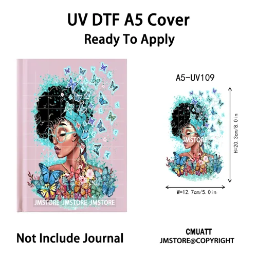 Floral Butterfly Black Girl Religious A5 Notebook UV DTF Wraps Ready To Apply Custom Transfer Stickers Decals For Journal Cover