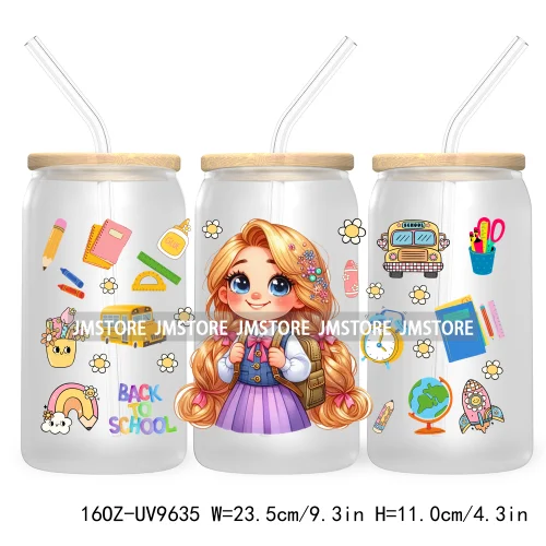 Back To School Cartoon Princess 16OZ UV Cup Wrap DTF Transfer Sticker For Libbey Glass Can Cups Tumbler Waterproof Label Teacher