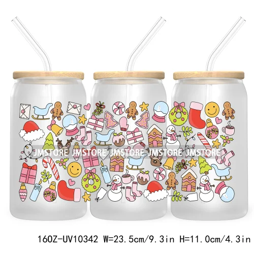 Retro Christmas Santa Claus 16OZ UV Cup Wrap DTF Transfer Stickers For Libbey Glass Can Cups Tumbler Cookie Gingerbread Dog Mom