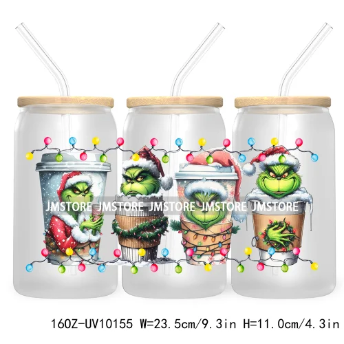 Christmas Coffee Cups Green Guy 16OZ UV Cup Wrap DTF Transfer Stickers For Libbey Glass Can Cup Tumbler Waterproof Label Cartoon