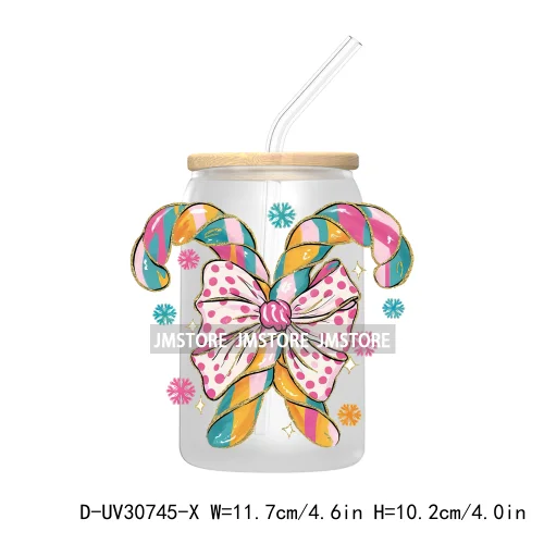 Colorful Coquette Glitter Bow Candy Cane Christmas UV DTF Transfer Stickers Decals For Libbey Cold Cups Mugs Tumbler Waterproof