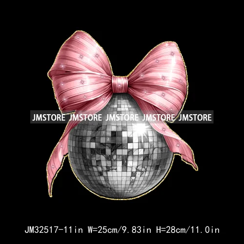 Pink Cheer New Year Eve 2025 Disco Ball Coquette Bow Christmas Party Iron On DTF Transfer ticker Ready To Press For Sweatshirt