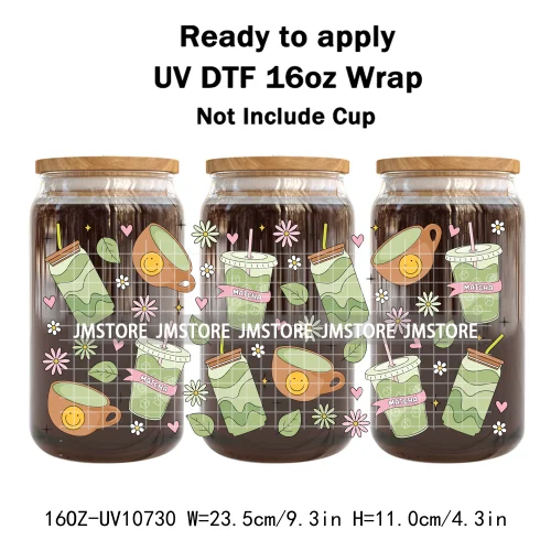 Coquette Green Tea Iced Matcha Latte UV DTF Wrap Transfer Sticker Selfadhesive Waterproof High Quality For 16OZ Libbey Glass Can