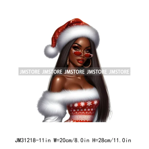 Merry And Bright Melanin Christmas Winter Festive Cheer Santa Woman Iron On DTF Transfer Stickers Ready To Press For Sweatshirts