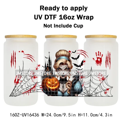 Halloween Witch Princess Bat Pumpkin UV DTF Wraps Transfer Stickers Waterproof High Quality For 16OZ Libbey Glass Can Tumbler