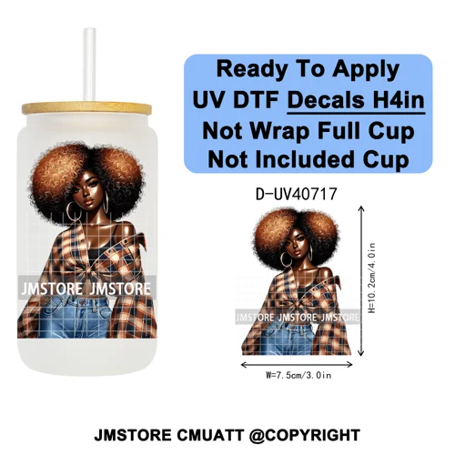 Big Hair Fashionable Black Girl UV DTF Decals Ready To Apply Waterproof Transfer Stickers DIY Crafts For 16OZ Libbey Glass Can