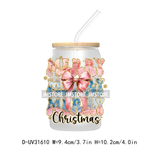 Merry Bright Coquette Bow Glitter Christmas Tree Girly UV DTF Transfer Stickers Decals For Libbey Cold Cup Mug Tumbler Durable