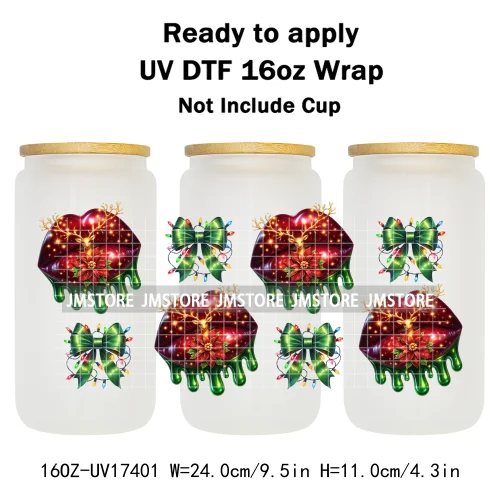 Coquette Bow Christmas Gift Lips UV DTF Stickers Xmas Season Candy Cane Ready To Transfer 16OZ Cup Wraps For Libbey Can Glass