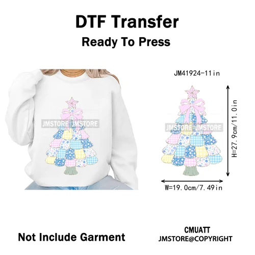 Merry and Bright Coquette Patchwork Santa Christmas Holiday Season Iron on DTF Heat Transfer Stickers Ready to Press for Hoodies