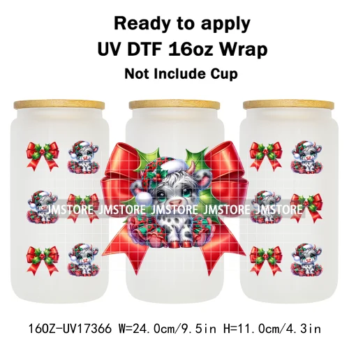 Watercolor Christmas Highland Cows Gift Leopard Print 16OZ UV DTF Cup Wraps Ready To Apply Transfer Sticker For Libbey Glass Can