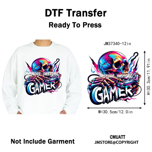 12in Colorful Graffiti Streetwear Skeleton Game Over Iron on DTF Thermal Transfers Stickers Printing Ready to Press for T-shirts