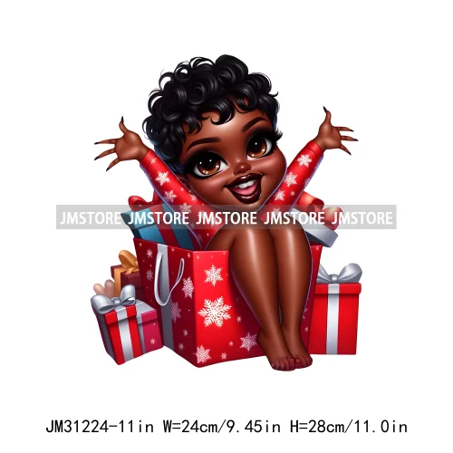 Merry And Bright Melanin Christmas Winter Festive Cheer Santa Woman Iron On DTF Transfer Stickers Ready To Press For Sweatshirts