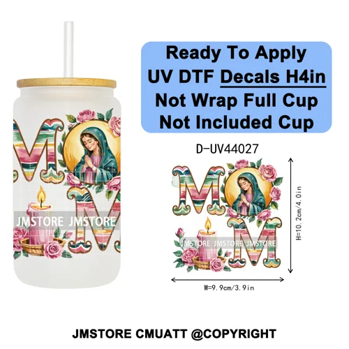 Floral Mexican Christmas Mama UV DTF Transfer Stickers Decals Ready To Apply Good Quality Prints For Libbey Cold Cup Mug Tumbler