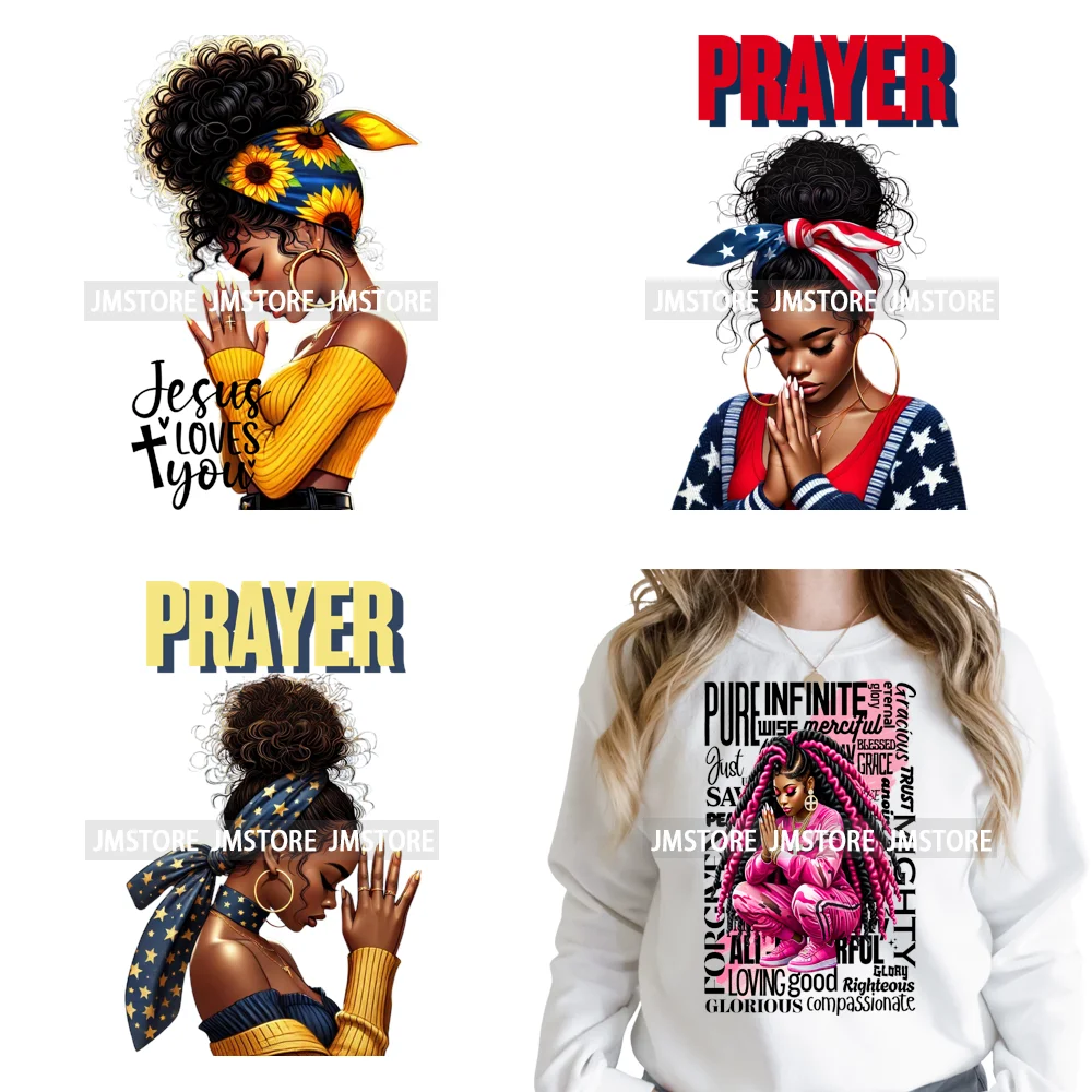 Afro Girls Prayer Jesus Faith Love Magic Christian Women Iron on Washable DTF Heat Transfers Stickers Ready to Press for Clothes