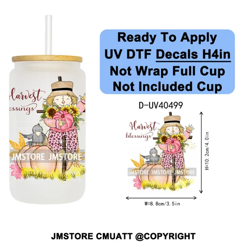 Cozy Autumn Fall Pumpkin Spice UV DTF Decals Ready To Apply Waterproof Transfer Stickers DIY Crafts For 16OZ Libbey Glass Can