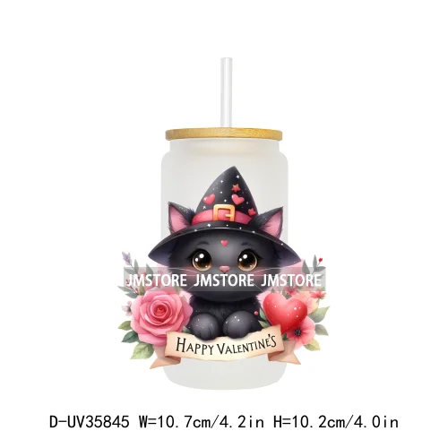 Valentine's Day Black Cat Couple UV DTF Transfer Stickers Decals Ready To Apply Waterproof For 16OZ Libbey Glass Can Cup Tumbler
