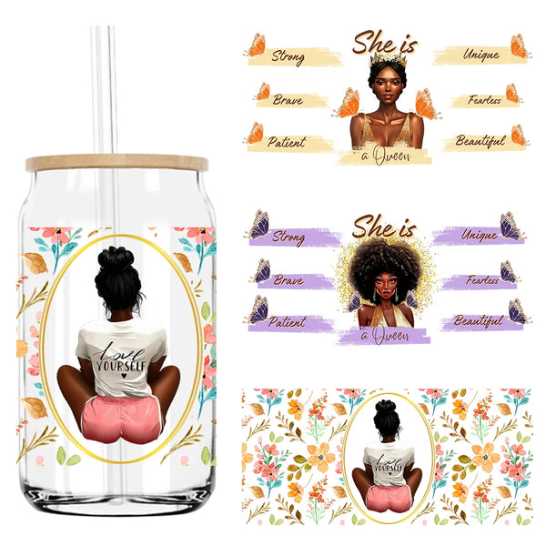 She Is A Queen Black Girl 16OZ UV DTF Cup Wrap Transfers Stickers Custom Labels DIY Durable Waterproof Logo For Libbey Glass Can