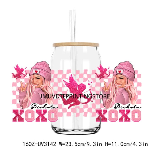 Pink Valentines Bichota Cupid Vibes 16OZ UV DTF Cup Wrap Transfers Stickers Custom DIY Waterproof Logo For Libbey Glass Can XOXO