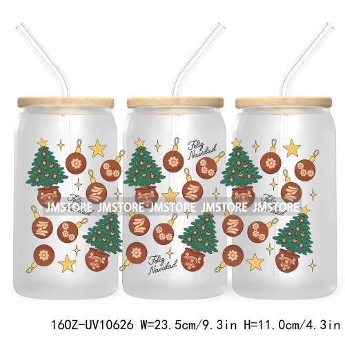 Book Lover Merry Christmas Bow UV DTF Cup Wraps Transfers Sticker For 16OZ Libbey Glass Can Xmas Cheer Coffee Cup Winter Basics