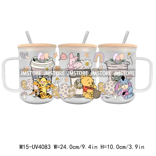 Cartoon Best Friends UV DTF Glass Can Wrap For 15OZ Mug Glass Cup Transfer Stickers DIY Custom Logo Labels Cute Cat Sunflowers