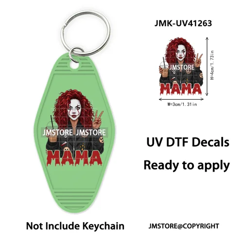 Black Girl Halloween Spooky Horror Mama UV DTF Motel Keychain Wraps Ready To Apply Waterproof High Quality Hotel Keychain Decals